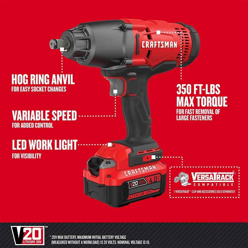 CRAFTSMAN V20 RP 1/2 inch Cordless Impact Wrench Kit, Brushless, 4Ah Battery and Charger Included (CMCF900M1) - Track Minded HPDE, LLC