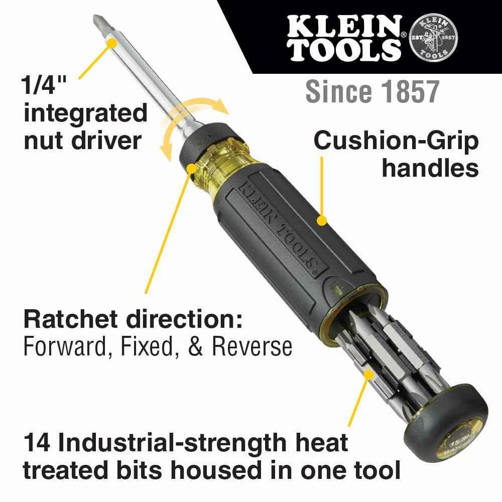 Klein Tools 32305 Multi-bit Ratcheting Screwdriver, 15-in-1 Tool with Phillips, Slotted, Square, Torx and Combo Bits and 1/4-Inch Nut Driver - Track Minded HPDE, LLC