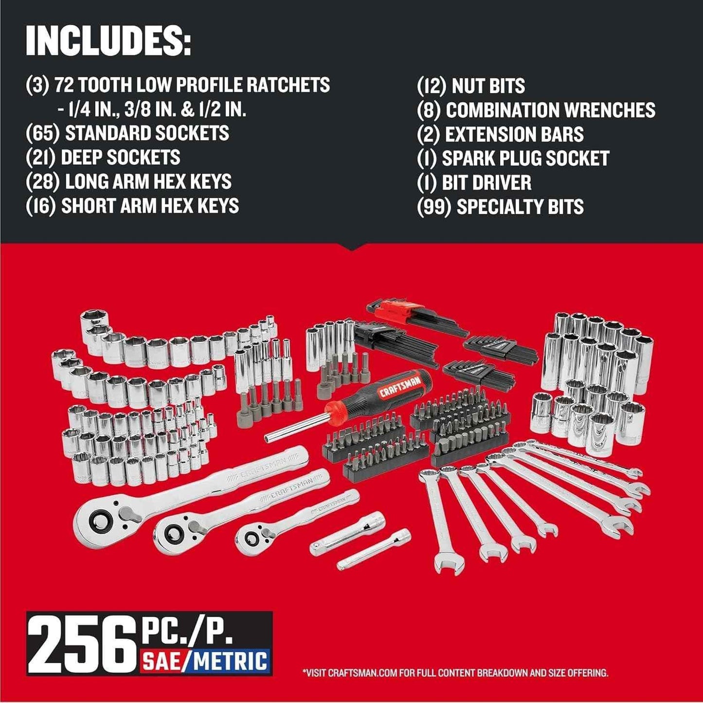 CRAFTSMAN Mechanics Tool Set, 256-Piece Hand Tool and Socket Set with 2-Drawer Tool Box (CMMT45256) - Track Minded HPDE, LLC