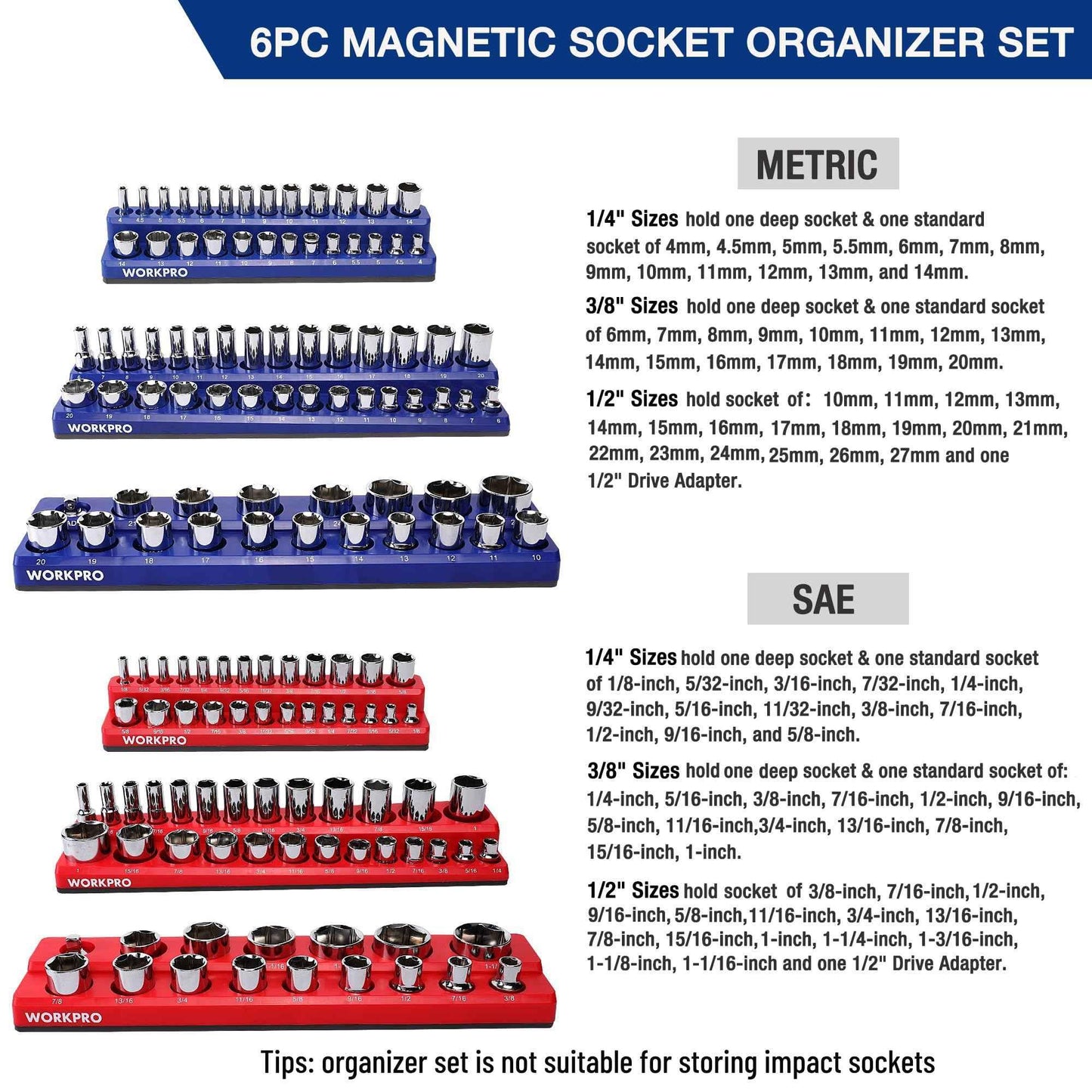 WORKPRO Magnetic Socket Organizer Set, 6-Piece Socket Holder Set Includes 1/4", 3/8", 1/2" Drive Metric SAE Socket Trays, Holds 143 Pieces Sockets, Christmas Gift for Men(Socket not Included) - Track Minded HPDE, LLC
