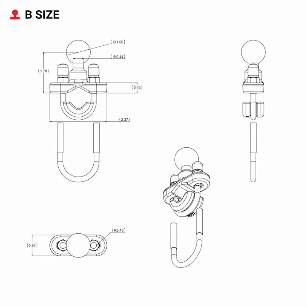 RAM MOUNTS Handlebar U-Bolt Base for Rails 0.5" to 1" in Diameter RAM-B-231U with B Size 1" Ball - Track Minded HPDE, LLC