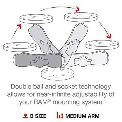 RAM Mounts RAM-B-201U Double Socket Arm (Medium) Compatible with RAM B Size 1" Ball Components - Track Minded HPDE, LLC