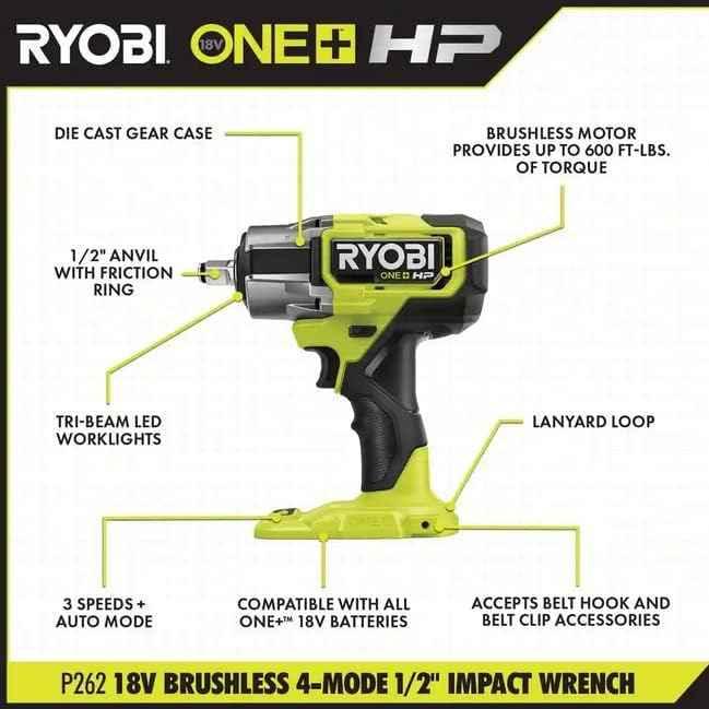 RYOBI P262K1 ONE+ HP 18V Brushless Cordless 4-Mode 1/2 in. Impact Wrench Kit w/ 4.0 Ah HIGH PERFORMANCE Lithium-Ion Battery & Charger - Track Minded HPDE, LLC