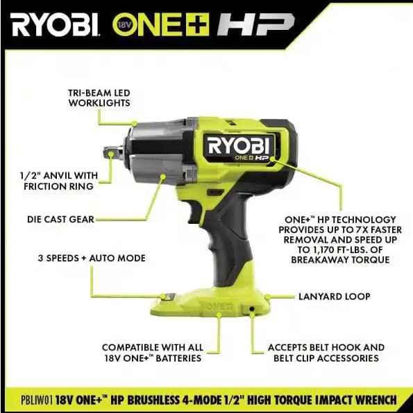 RYOBI ONE+ 18V Brushless Cordless 4-Mode 1/2 in. Impact Wrench Kit with 4.0 Battery and Charger (PBLIW01K1) - Track Minded HPDE, LLC