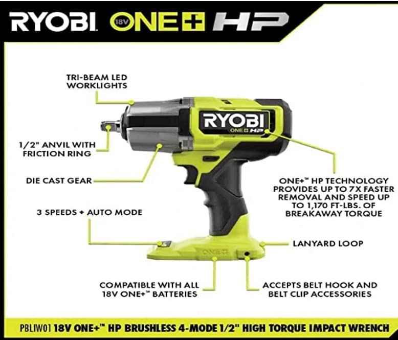 RYOBI - ONE+ HP 18V Brushless Cordless 4-Mode 1/2 in. High Torque Impact Wrench (Tool Only) - PBLIW01B - Track Minded HPDE, LLC