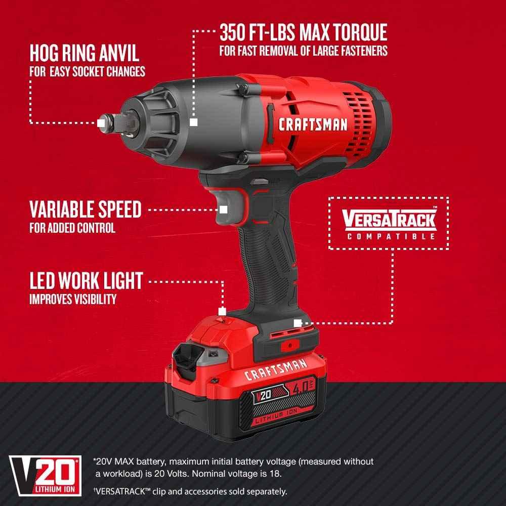 CRAFTSMAN V20 RP 1/2 inch Cordless Impact Wrench Kit, Brushless, 4Ah Battery and Charger Included (CMCF900M1) - Track Minded HPDE, LLC