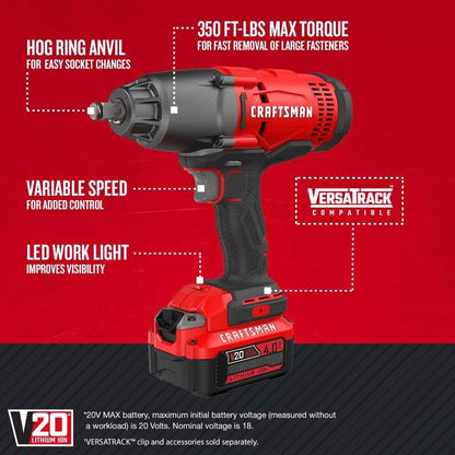 CRAFTSMAN V20 RP 1/2 inch Cordless Impact Wrench Kit, Brushless, 4Ah Battery and Charger Included (CMCF900M1) - Track Minded HPDE, LLC