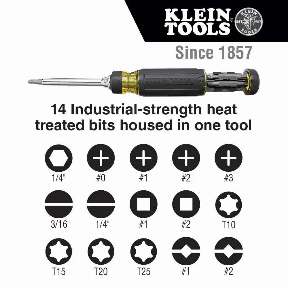 Klein Tools 32305 Multi-bit Ratcheting Screwdriver, 15-in-1 Tool with Phillips, Slotted, Square, Torx and Combo Bits and 1/4-Inch Nut Driver - Track Minded HPDE, LLC