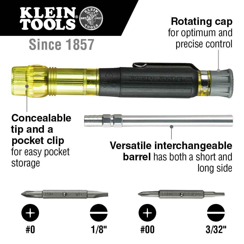 Klein Tools 32614 Multi-bit Precision Screwdriver Set, 4-in-1 Electronics Pocket Screwdriver, Professional Phillips and Slotted Bits, EDC - Track Minded HPDE, LLC
