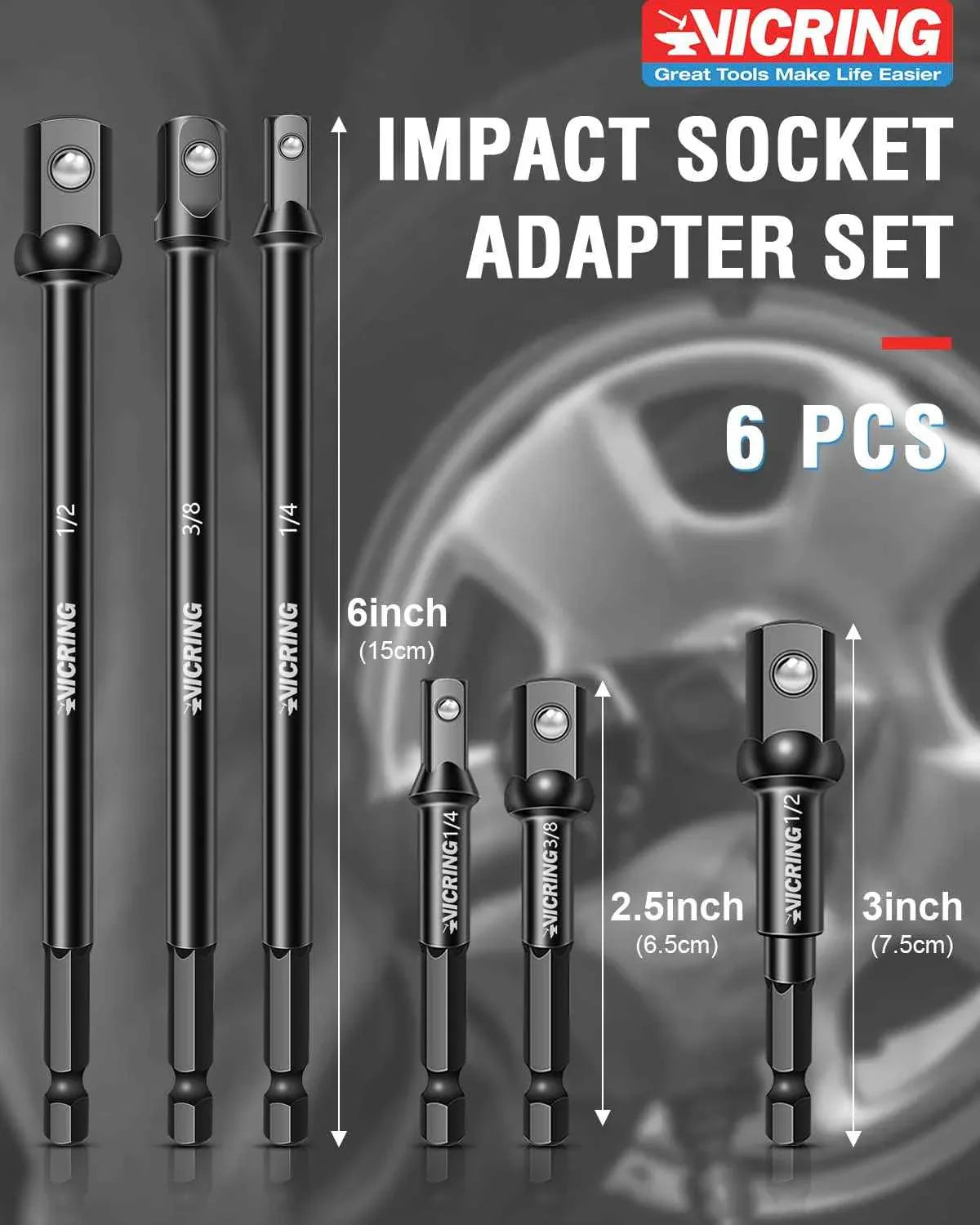 Impact Socket Adapter Set - 1/4, 3/8, 1/2 Drive Socket Adapter for Drill & Impact Wrench (6 Pcs, 3" & 6") - Track Minded HPDE, LLC