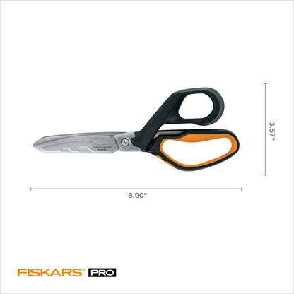 Fiskars PowerArc 8" Shop Shears, Heavy Duty Serrated Stainless Steel Scissors with Comfort Grip, Hardware Tool for Construction, Cut Materials like Insulation, Duct Tape, Cardboard, Rope and Tyvek - Track Minded HPDE, LLC