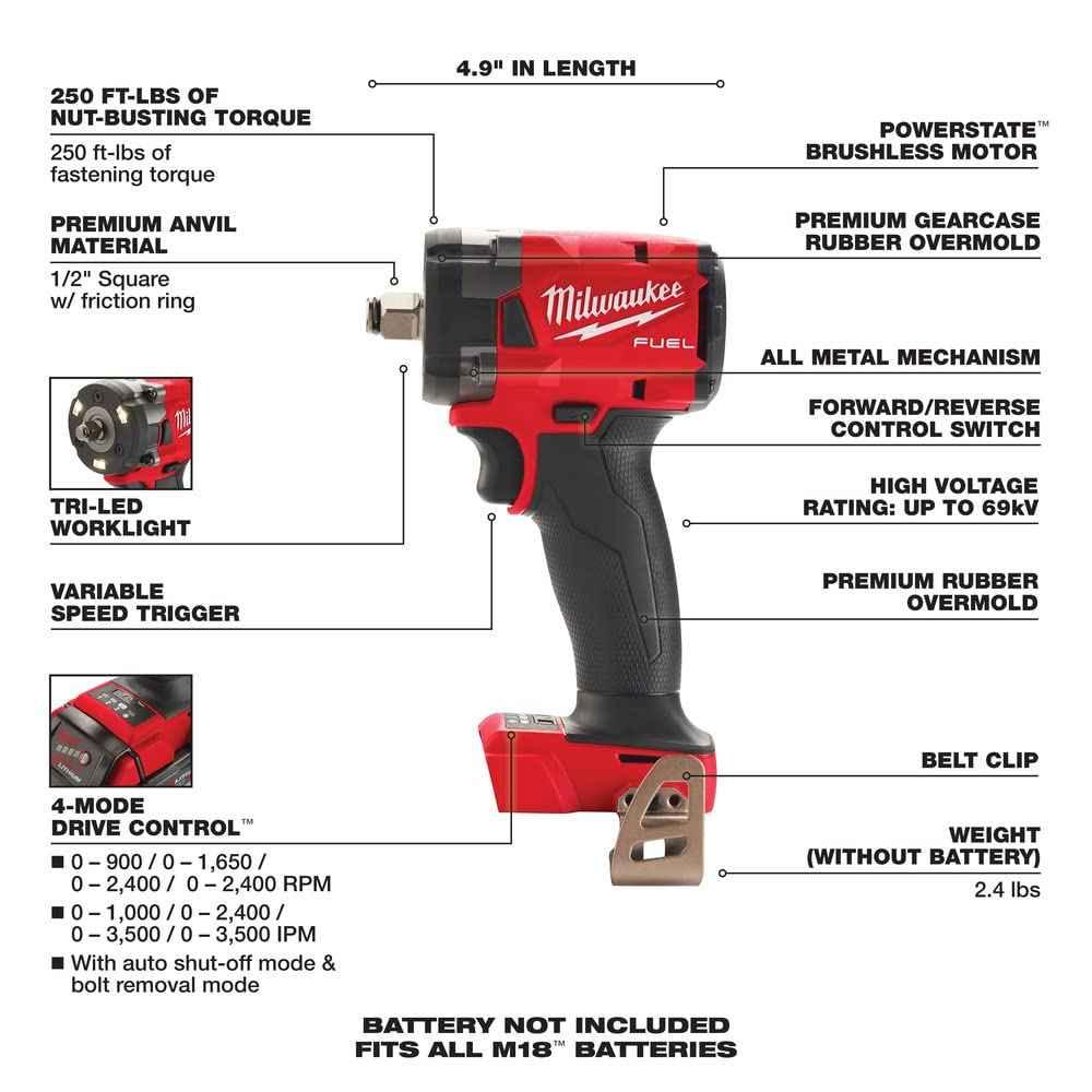 Milwaukee Electric - M18 Fuel 1/2 Compact Impact Wrench W/FRIC Ring - Track Minded HPDE, LLC