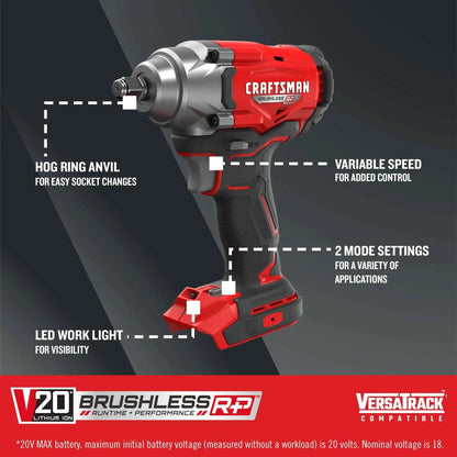 CRAFTSMAN V20 Cordless Impact Wrench, 1/2 inch, Bare Tool Only (CMCF921B) - Track Minded HPDE, LLC