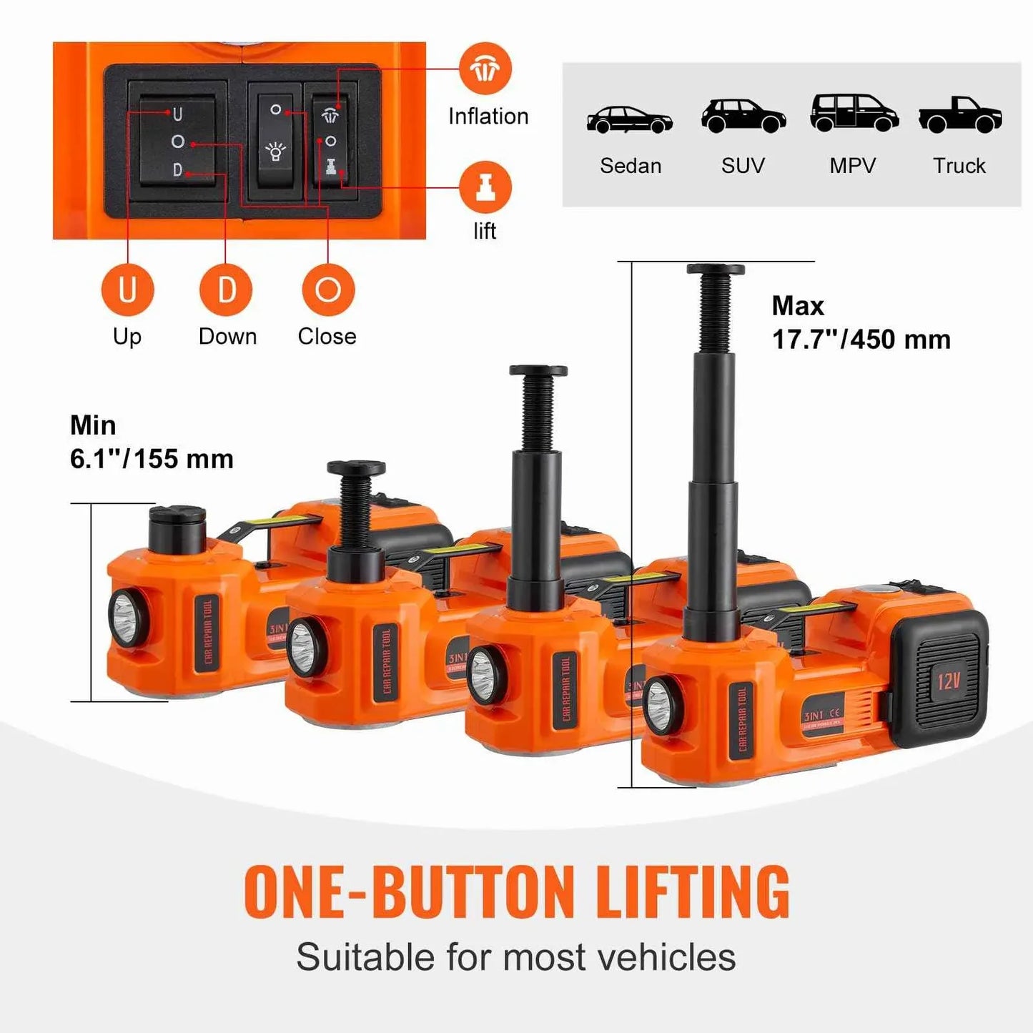 VEVOR Electric Car Jack, 5 Ton/11023 LBS Hydraulic Jack Lift with Electric Impact Wrench, Built-in Inflatable Pump, and LED Light for SUV MPV Sedan Truck Garage Repair - Track Minded HPDE, LLC