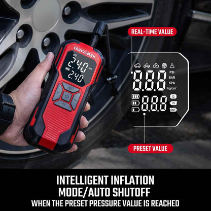 CRAFTSMAN Tire Inflator Portable Air Compressor, Cordless Mini Air Pump for Car Tires with Digital Tire Pressure Gauge, 6000mAh Battery Powered Air Pump, Max Pressure 150 PSI, 12V DC Corded - Track Minded HPDE, LLC
