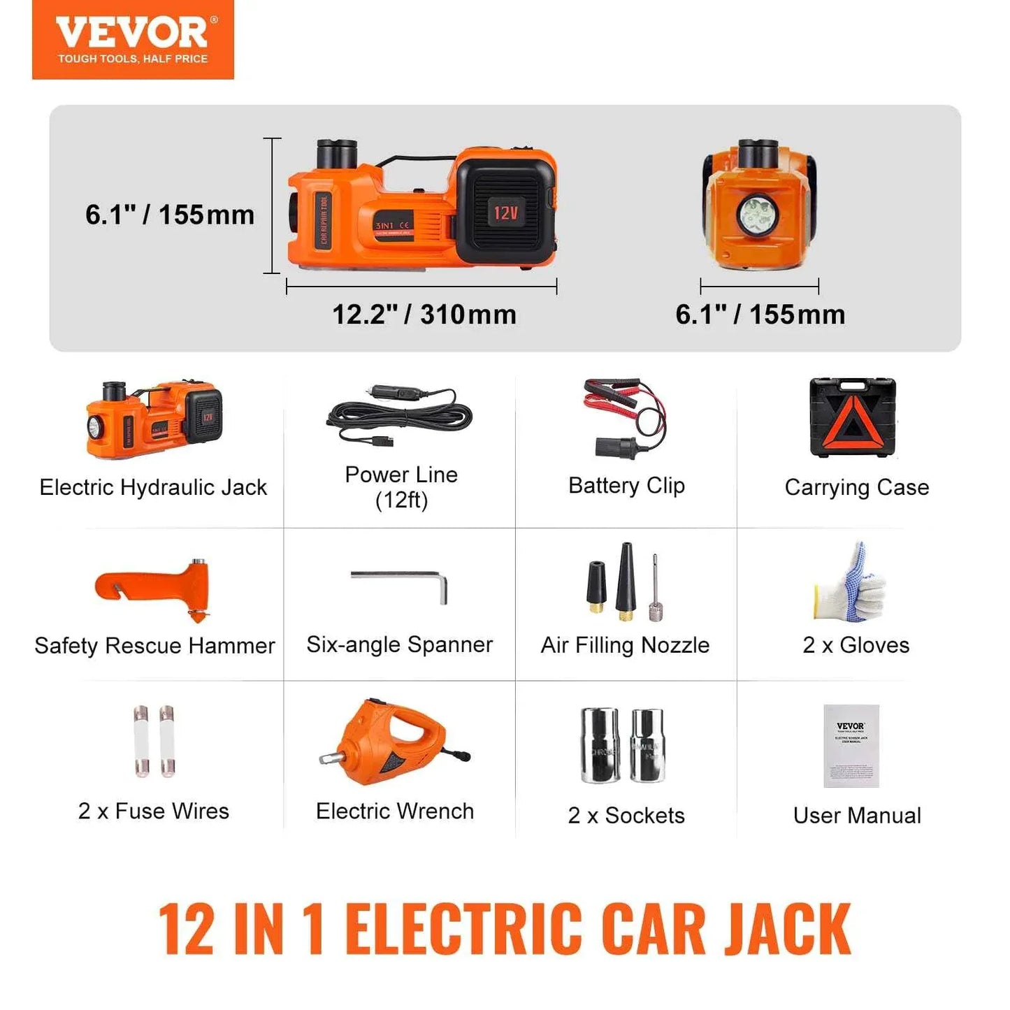 VEVOR Electric Car Jack, 5 Ton/11023 LBS Hydraulic Jack Lift with Electric Impact Wrench, Built-in Inflatable Pump, and LED Light for SUV MPV Sedan Truck Garage Repair - Track Minded HPDE, LLC