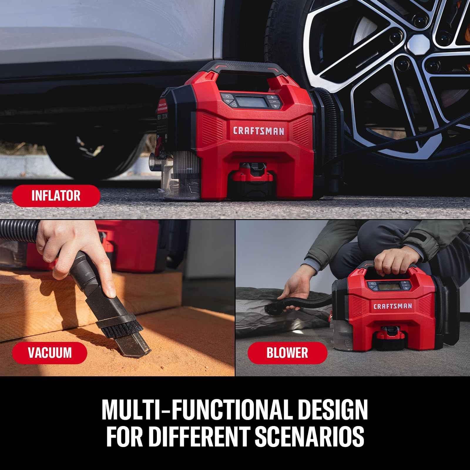 CRAFTSMAN 3-in-1 Tire Inflator Kit with Battery & Charger, 160 PSI Portable Air Compressor, Car Vacuum & Dust Blower with LED Light (Includes 4.0Ah Battery & 12V Charger) - Track Minded HPDE, LLC