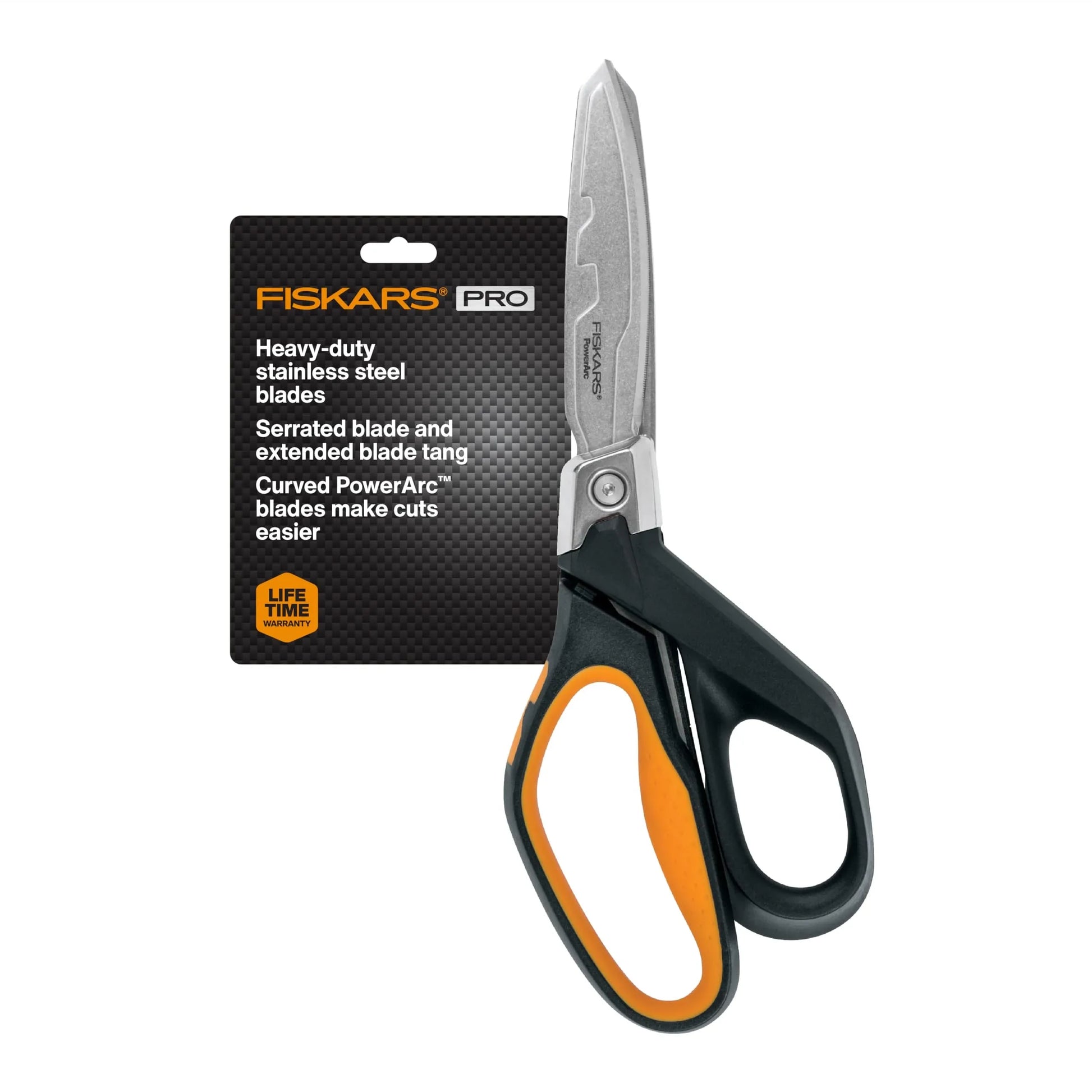 Fiskars PowerArc 8" Shop Shears, Heavy Duty Serrated Stainless Steel Scissors with Comfort Grip, Hardware Tool for Construction, Cut Materials like Insulation, Duct Tape, Cardboard, Rope and Tyvek - Track Minded HPDE, LLC