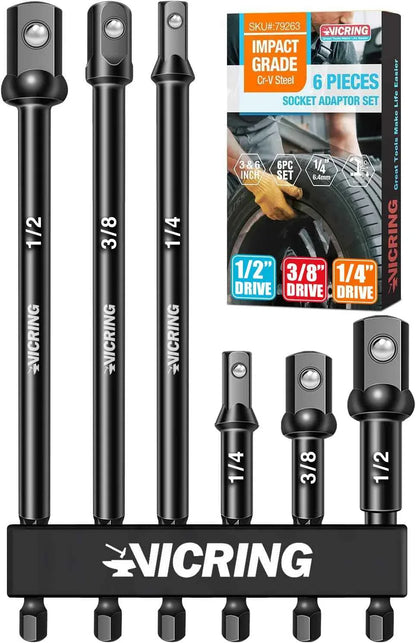 Impact Socket Adapter Set - 1/4, 3/8, 1/2 Drive Socket Adapter for Drill & Impact Wrench (6 Pcs, 3" & 6") - Track Minded HPDE, LLC