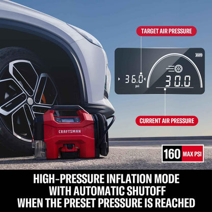 CRAFTSMAN 3-in-1 Tire Inflator Kit with Battery & Charger, 160 PSI Portable Air Compressor, Car Vacuum & Dust Blower with LED Light (Includes 4.0Ah Battery & 12V Charger) - Track Minded HPDE, LLC