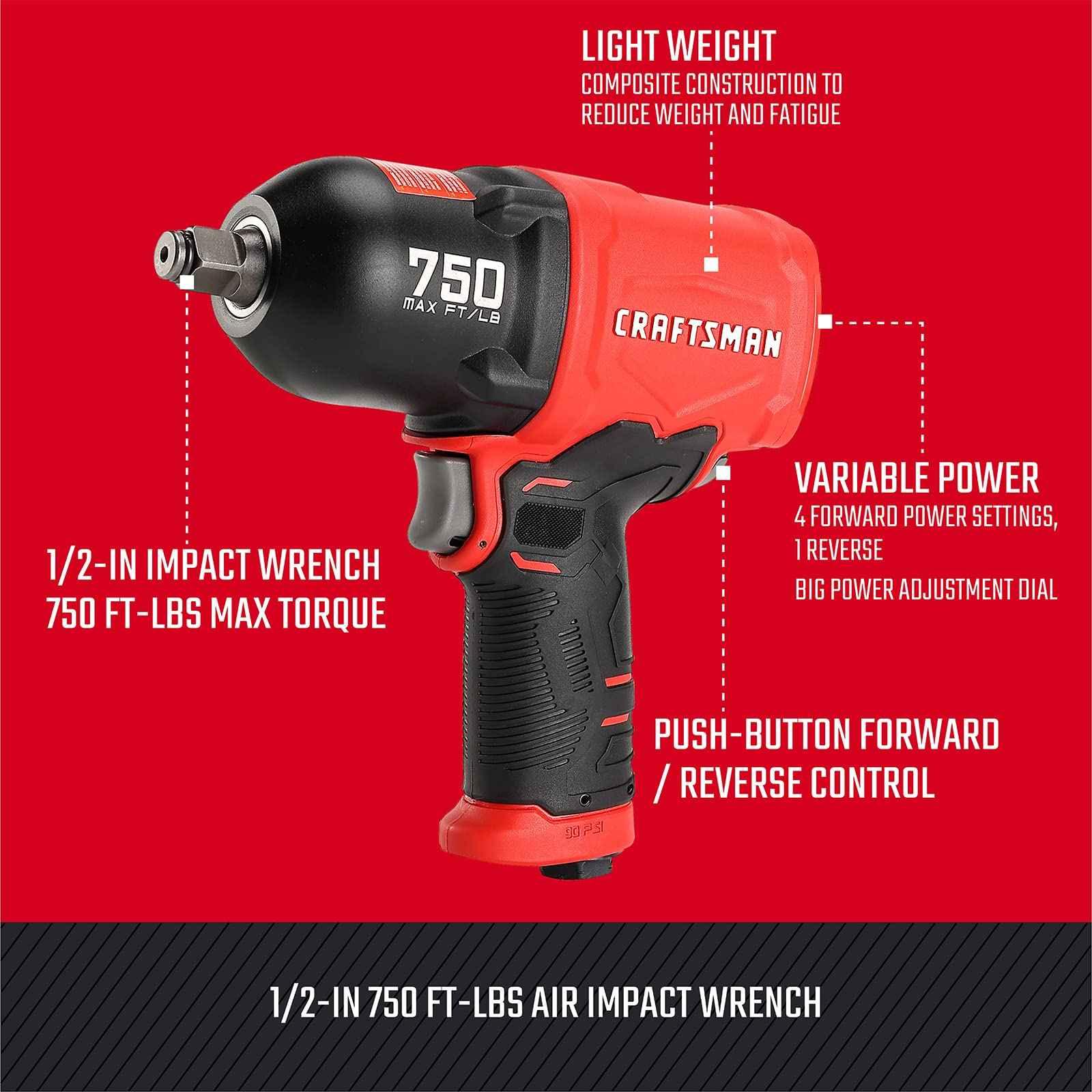 CRAFTSMAN 1/2-in 750 ft-lbs Air Impact Wrench, Composite Body, Variable Power Settings, 1/4-in NPT Air Inlet - Track Minded HPDE, LLC