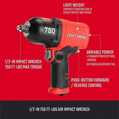 CRAFTSMAN 1/2-in 750 ft-lbs Air Impact Wrench, Composite Body, Variable Power Settings, 1/4-in NPT Air Inlet - Track Minded HPDE, LLC