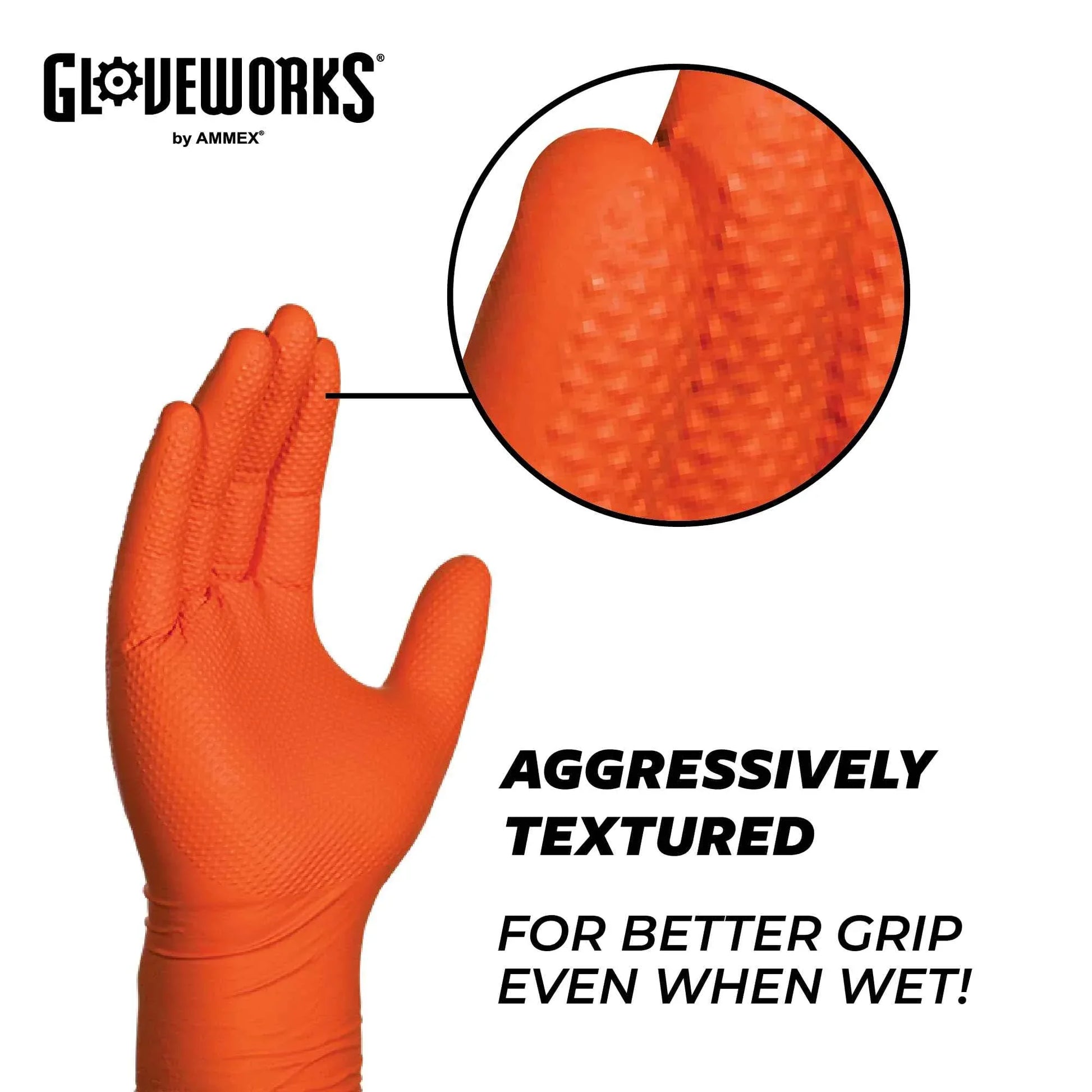 GLOVEWORKS HD Orange Nitrile Industrial Disposable Gloves, 8 Mil, Latex-Free, Raised Diamond Texture, Large, Box of 100 - Track Minded HPDE, LLC