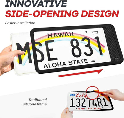 Aujen Silicone License Plate Frames,2 Pack Black Side-Opening License Bracket Holder with Easy Installation, License Plate Frame Without Obstruction.Rustproof, Rattle Proof & Weatherproof Universal - Track Minded HPDE, LLC