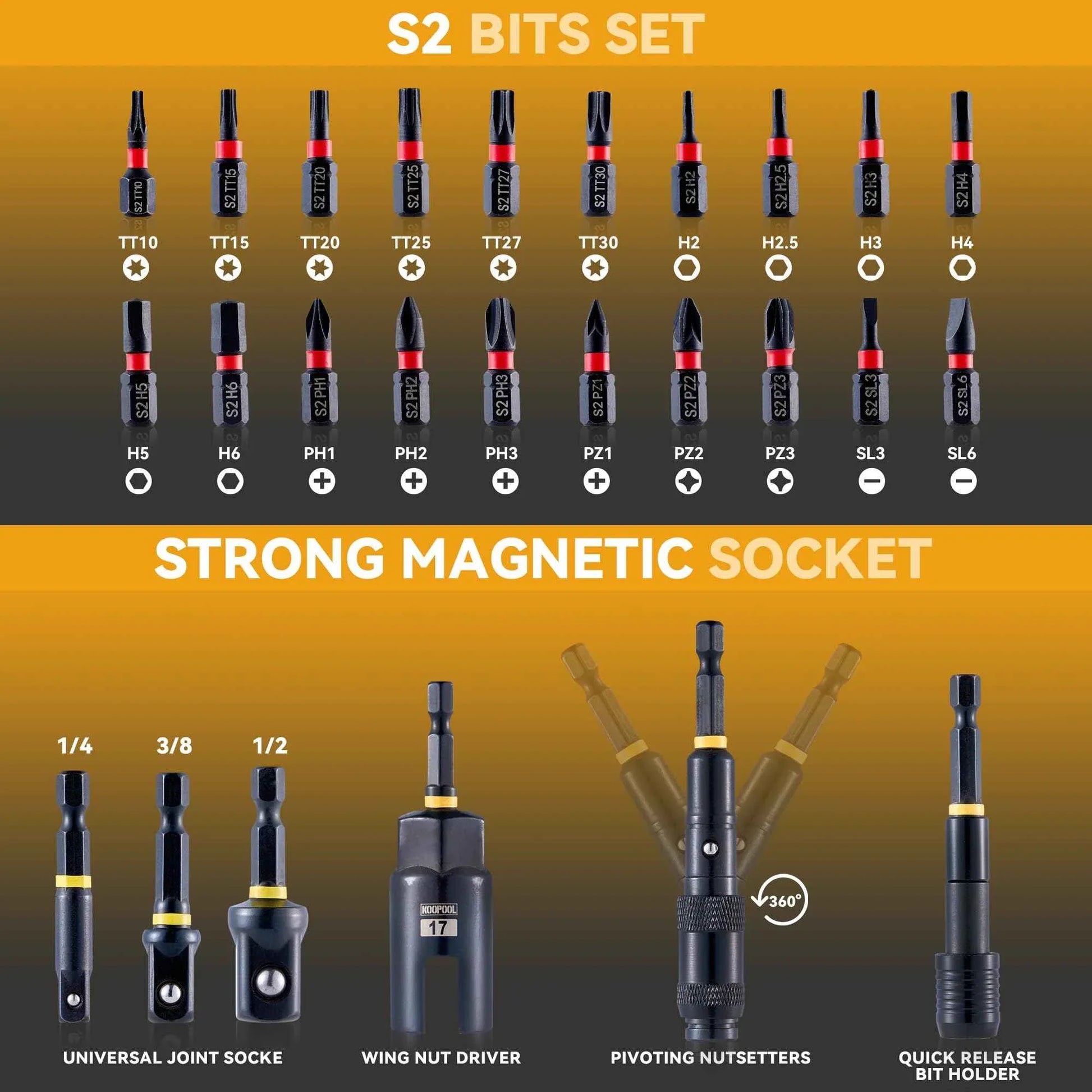 Impact Magnetic Nut Driver Set, 55PCS Impact Driver Bit Set, Deep Magnetic Nut Driver Set, Impact Socket Adapters, Wing Nut Driver, Bit Extension, 1/4'' Quick Change, Storage Box - Track Minded HPDE, LLC
