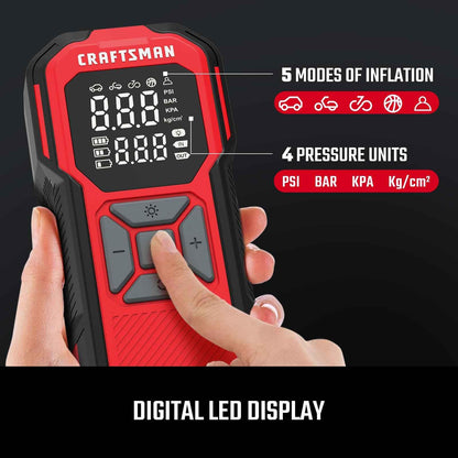 CRAFTSMAN Tire Inflator Portable Air Compressor, Cordless Mini Air Pump for Car Tires with Digital Tire Pressure Gauge, 6000mAh Battery Powered Air Pump, Max Pressure 150 PSI, 12V DC Corded - Track Minded HPDE, LLC