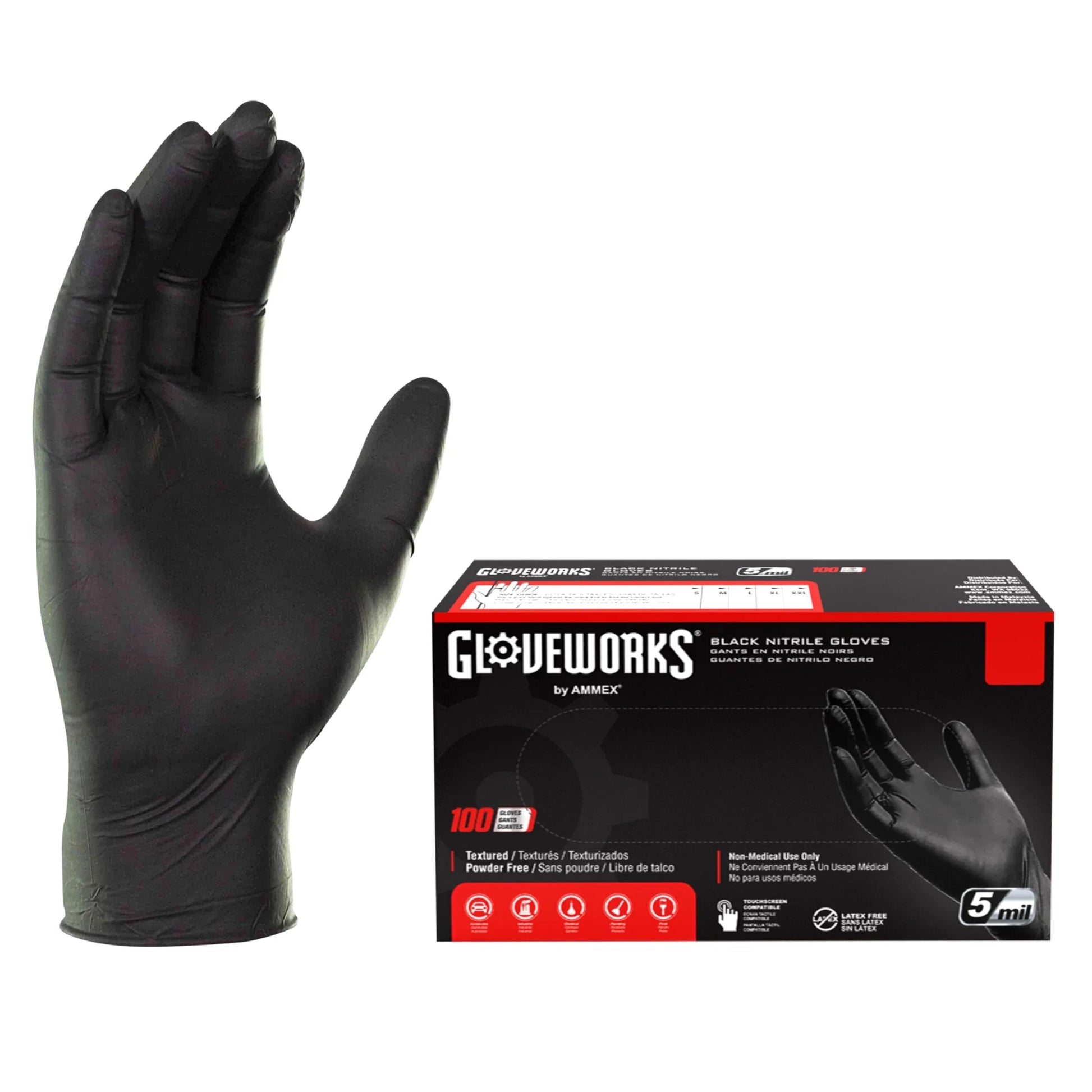 GLOVEWORKS Black Disposable Nitrile Industrial Gloves, 5 Mil, Latex & Powder-Free, Food-Safe, Textured, X-Large, Box of 100 - Track Minded HPDE, LLC