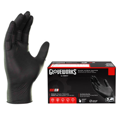 GLOVEWORKS Black Disposable Nitrile Industrial Gloves, 5 Mil, Latex & Powder-Free, Food-Safe, Textured, X-Large, Box of 100 - Track Minded HPDE, LLC