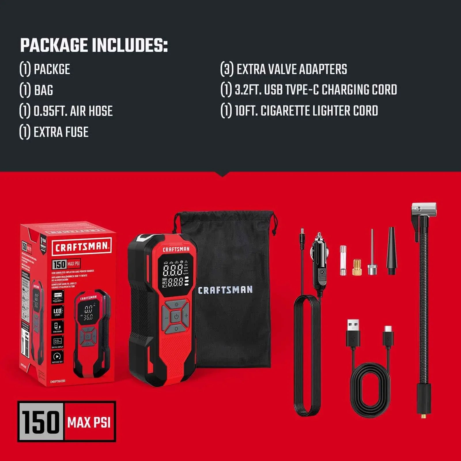 CRAFTSMAN Tire Inflator Portable Air Compressor, Cordless Mini Air Pump for Car Tires with Digital Tire Pressure Gauge, 6000mAh Battery Powered Air Pump, Max Pressure 150 PSI, 12V DC Corded - Track Minded HPDE, LLC