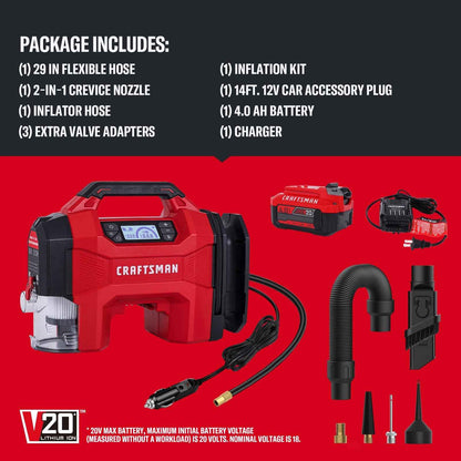CRAFTSMAN 3-in-1 Tire Inflator Kit with Battery & Charger, 160 PSI Portable Air Compressor, Car Vacuum & Dust Blower with LED Light (Includes 4.0Ah Battery & 12V Charger) - Track Minded HPDE, LLC