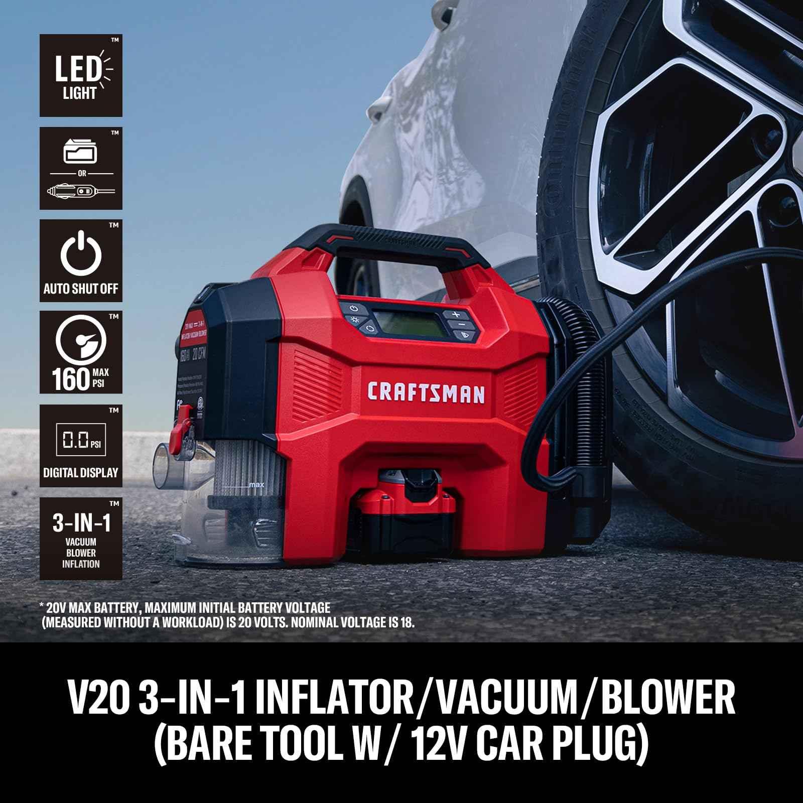 CRAFTSMAN 3-in-1 Tire Inflator Kit with Battery & Charger, 160 PSI Portable Air Compressor, Car Vacuum & Dust Blower with LED Light (Includes 4.0Ah Battery & 12V Charger) - Track Minded HPDE, LLC
