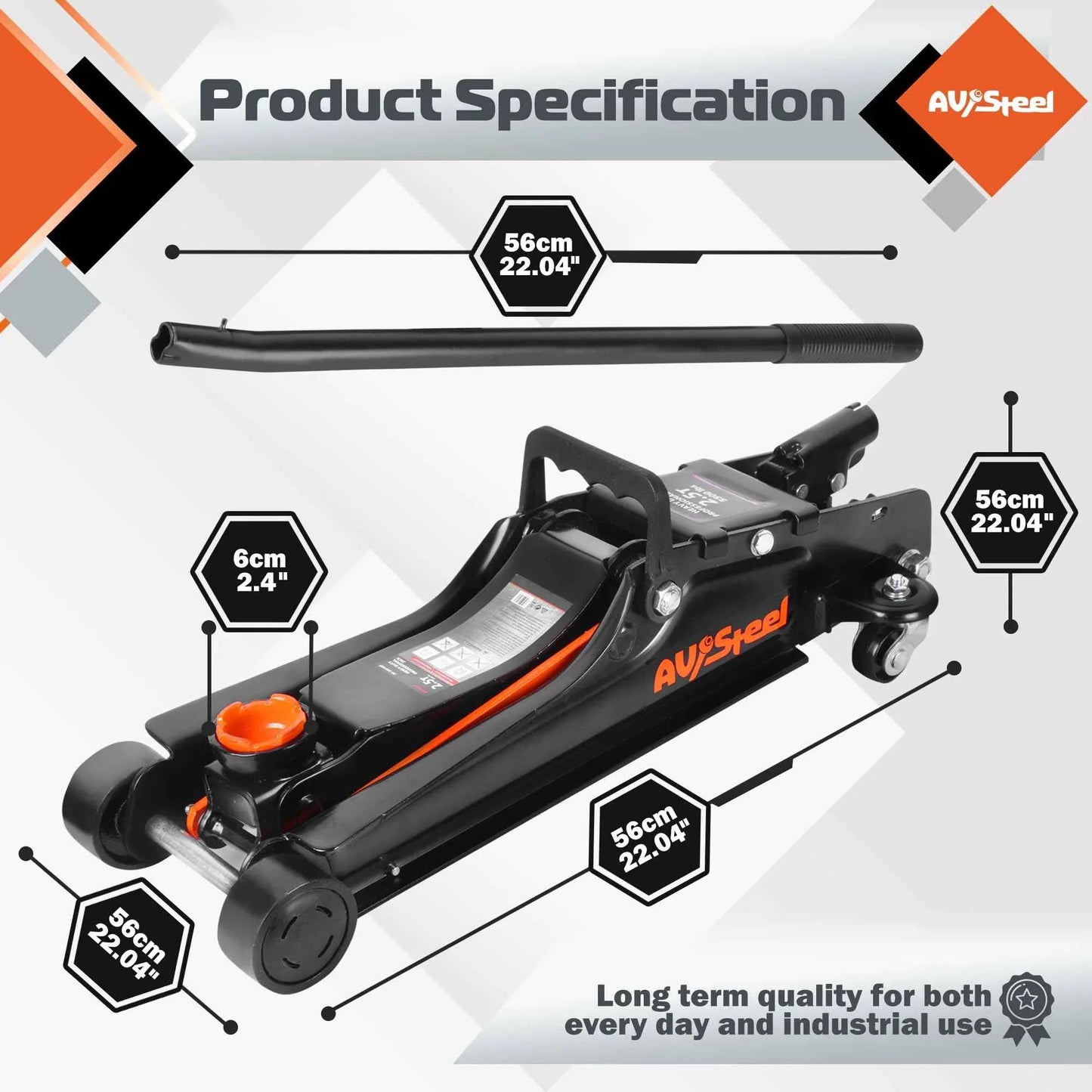 AV Steel Floor Jack 2.5 Ton (5500 lbs), Low Profile Floor Jack with Single Piston Pump, Heavy Duty Steel Hydraulic Jack for Car, Jack for Car with Lifting Range 3.4'' to 14.6'' - Track Minded HPDE, LLC