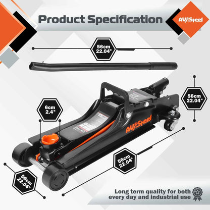 AV Steel Floor Jack 2.5 Ton (5500 lbs), Low Profile Floor Jack with Single Piston Pump, Heavy Duty Steel Hydraulic Jack for Car, Jack for Car with Lifting Range 3.4'' to 14.6'' - Track Minded HPDE, LLC