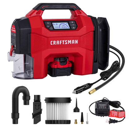 CRAFTSMAN 3-in-1 Tire Inflator Kit with Battery & Charger, 160 PSI Portable Air Compressor, Car Vacuum & Dust Blower with LED Light (Includes 4.0Ah Battery & 12V Charger) - Track Minded HPDE, LLC