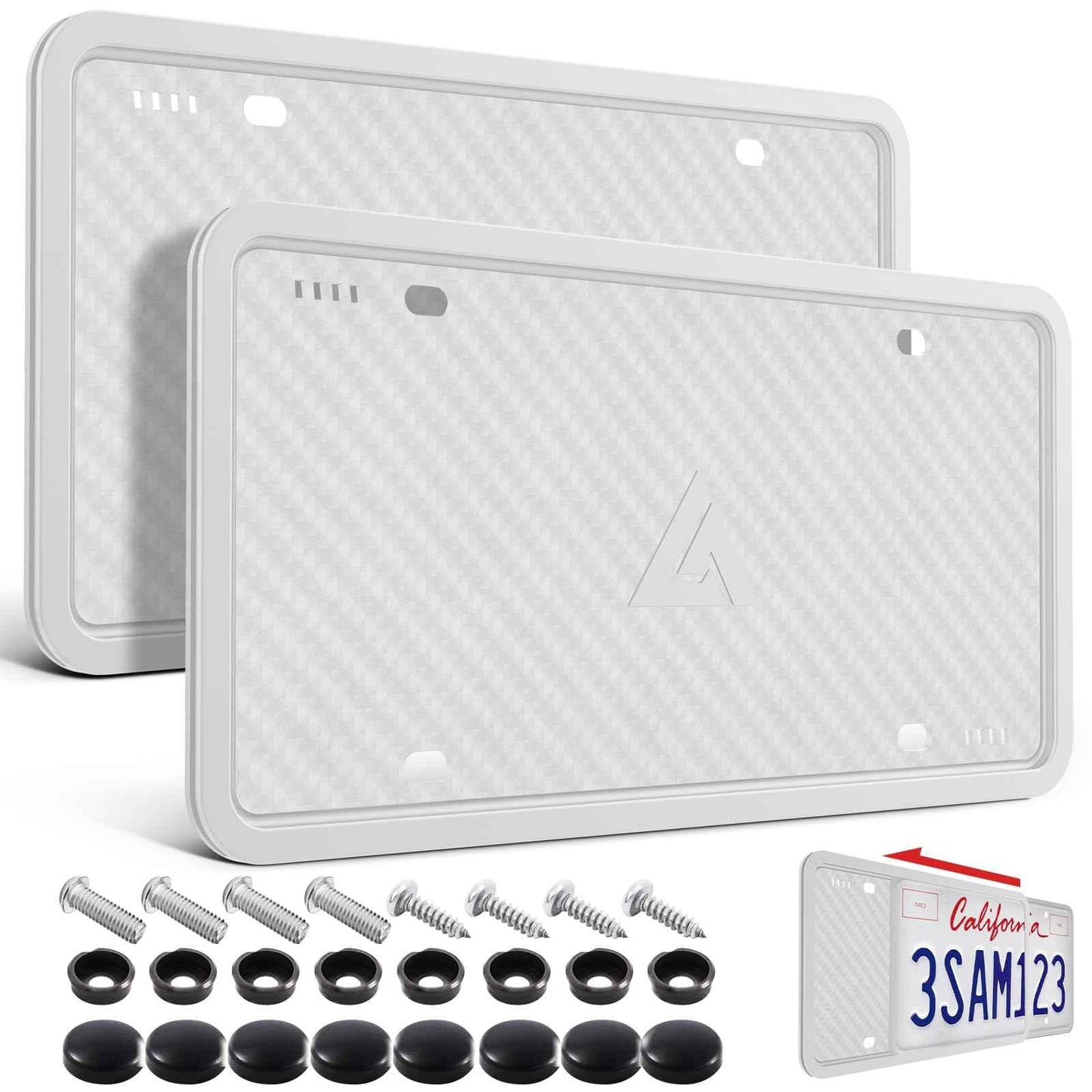 Aujen Silicone License Plate Frames, 2 Pack White Side-Opening License Bracket Holder, Without Obstruction. Rustproof, Rattle Proof & Weatherproof Universal - Track Minded HPDE, LLC