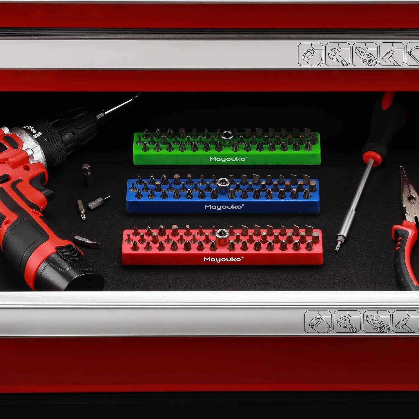 Mayouko 3PCS 1/4" Magnetic Hex Bit Holder Rack Organizer, 129 Holes, 1/4-Inch Drill Bit Holder, 3 Racks, Magnetic Bit Holder with Magnet Base for Screwdriver Bits - Track Minded HPDE, LLC