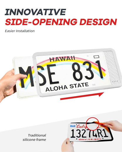 Aujen Silicone License Plate Frames, 2 Pack White Side-Opening License Bracket Holder, Without Obstruction. Rustproof, Rattle Proof & Weatherproof Universal - Track Minded HPDE, LLC