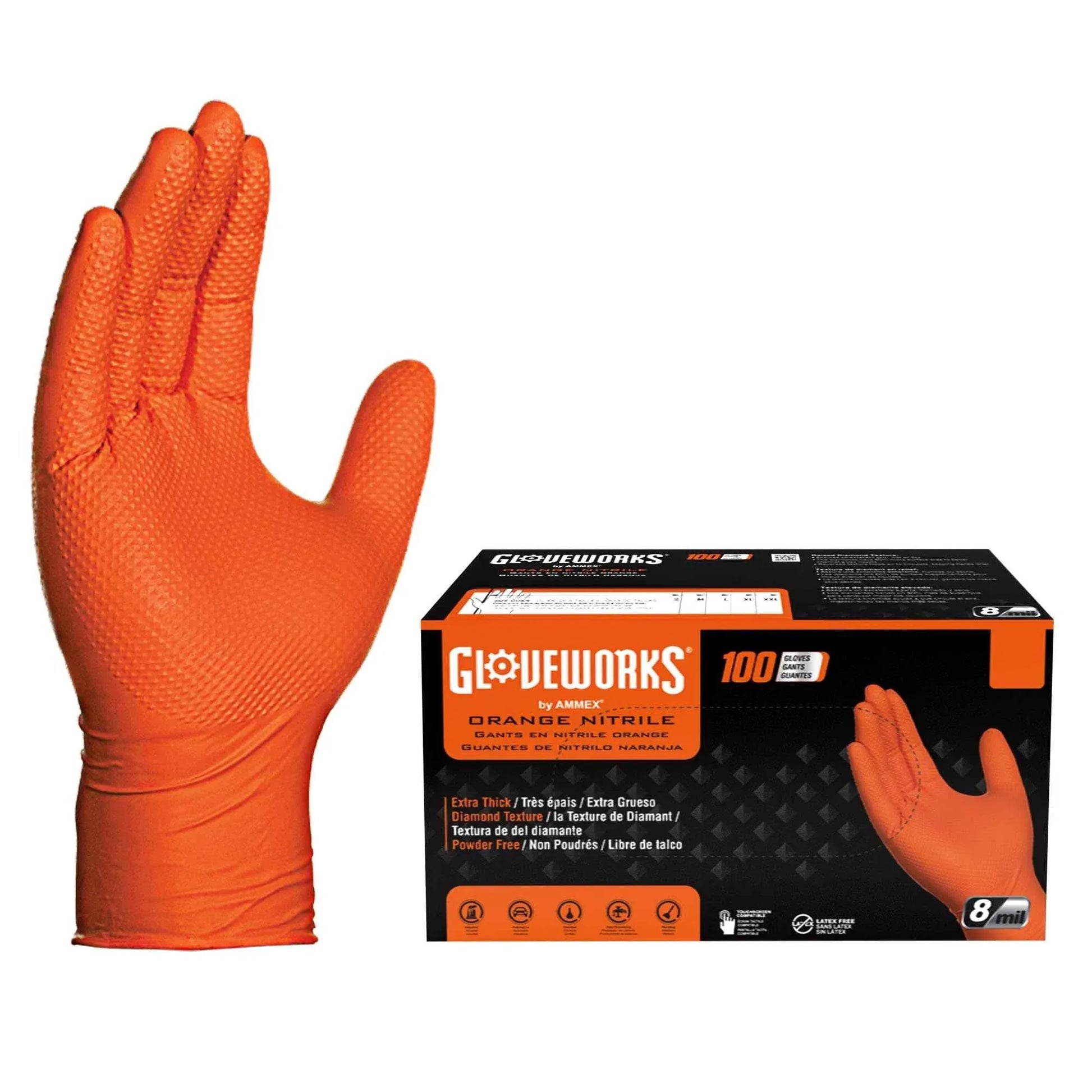 GLOVEWORKS HD Orange Nitrile Industrial Disposable Gloves, 8 Mil, Latex-Free, Raised Diamond Texture, Large, Box of 100 - Track Minded HPDE, LLC