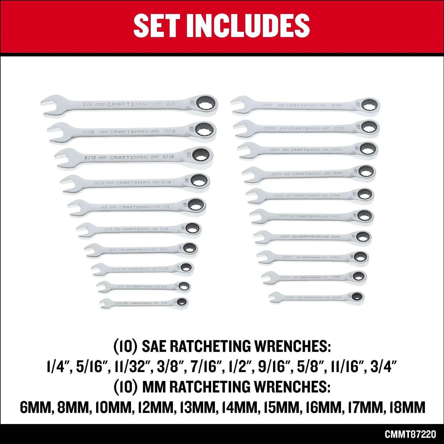 CRAFTSMAN 20 Piece Ratcheting Combination Wrench Set, SAE/Metric (CMMT87220) - Track Minded HPDE, LLC