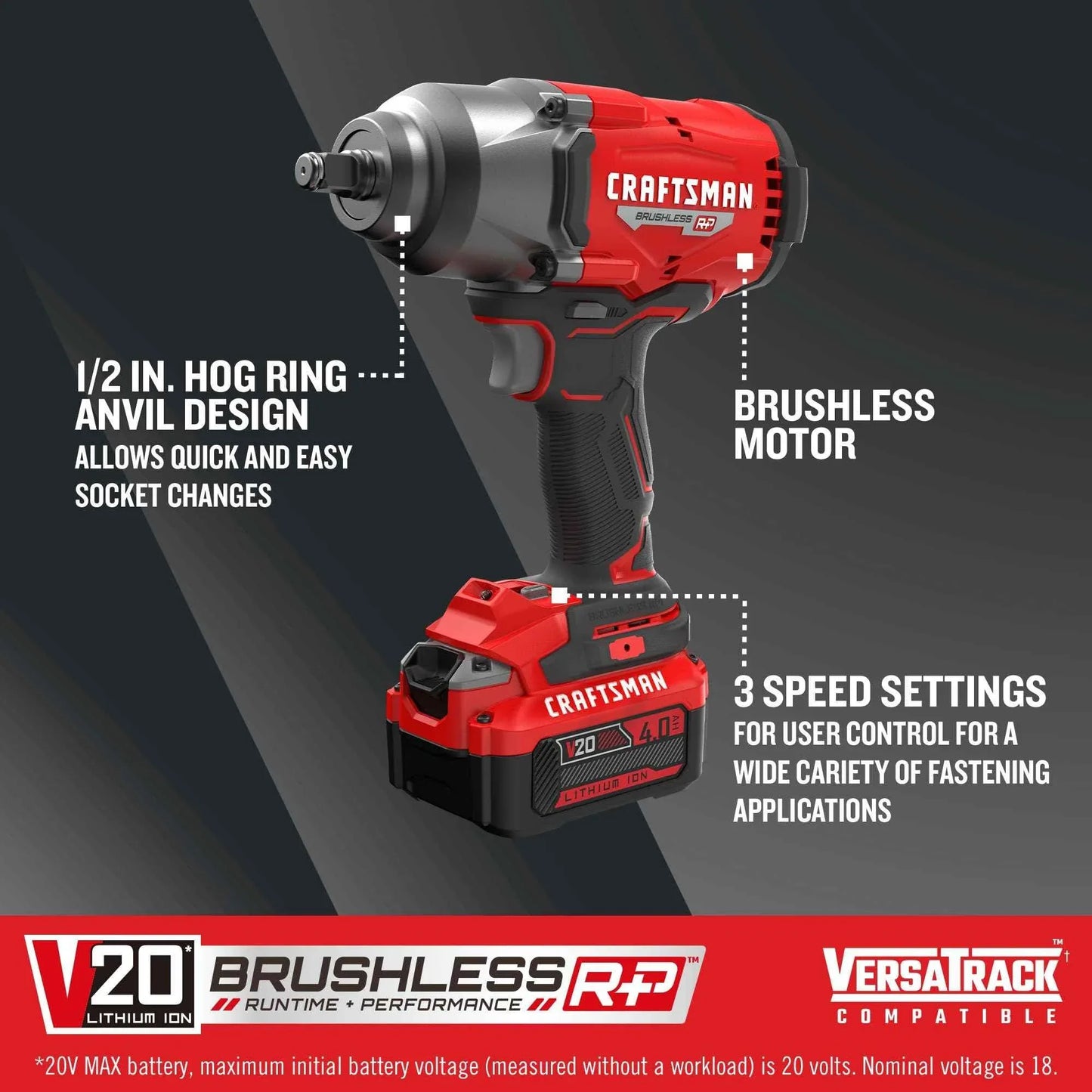 CRAFTSMAN V20 RP Impact Wrench, Cordless, Brushless, High Torque, 1/2 Inch, 4Ah Battery and Charger Included (CMCF940M1) - Track Minded HPDE, LLC