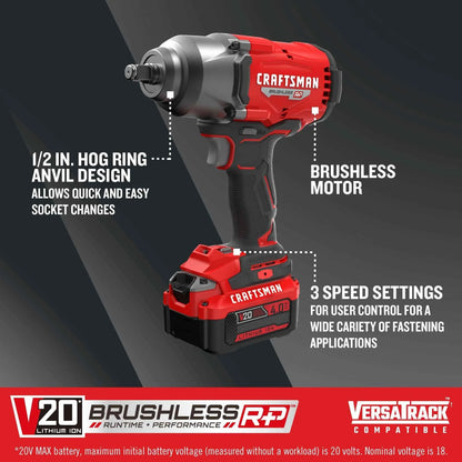 CRAFTSMAN V20 RP Impact Wrench, Cordless, Brushless, High Torque, 1/2 Inch, 4Ah Battery and Charger Included (CMCF940M1) - Track Minded HPDE, LLC