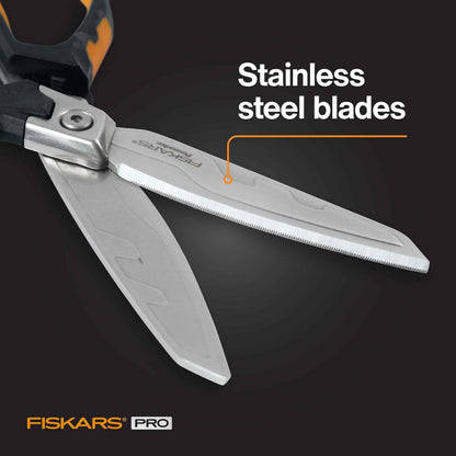 Fiskars Pro PowerArc Shop Shears, Heavy Duty Stainless Steel Scissor, Industrial Grade Tool for Building and Construction, 10 in, Orange/Black - Track Minded HPDE, LLC