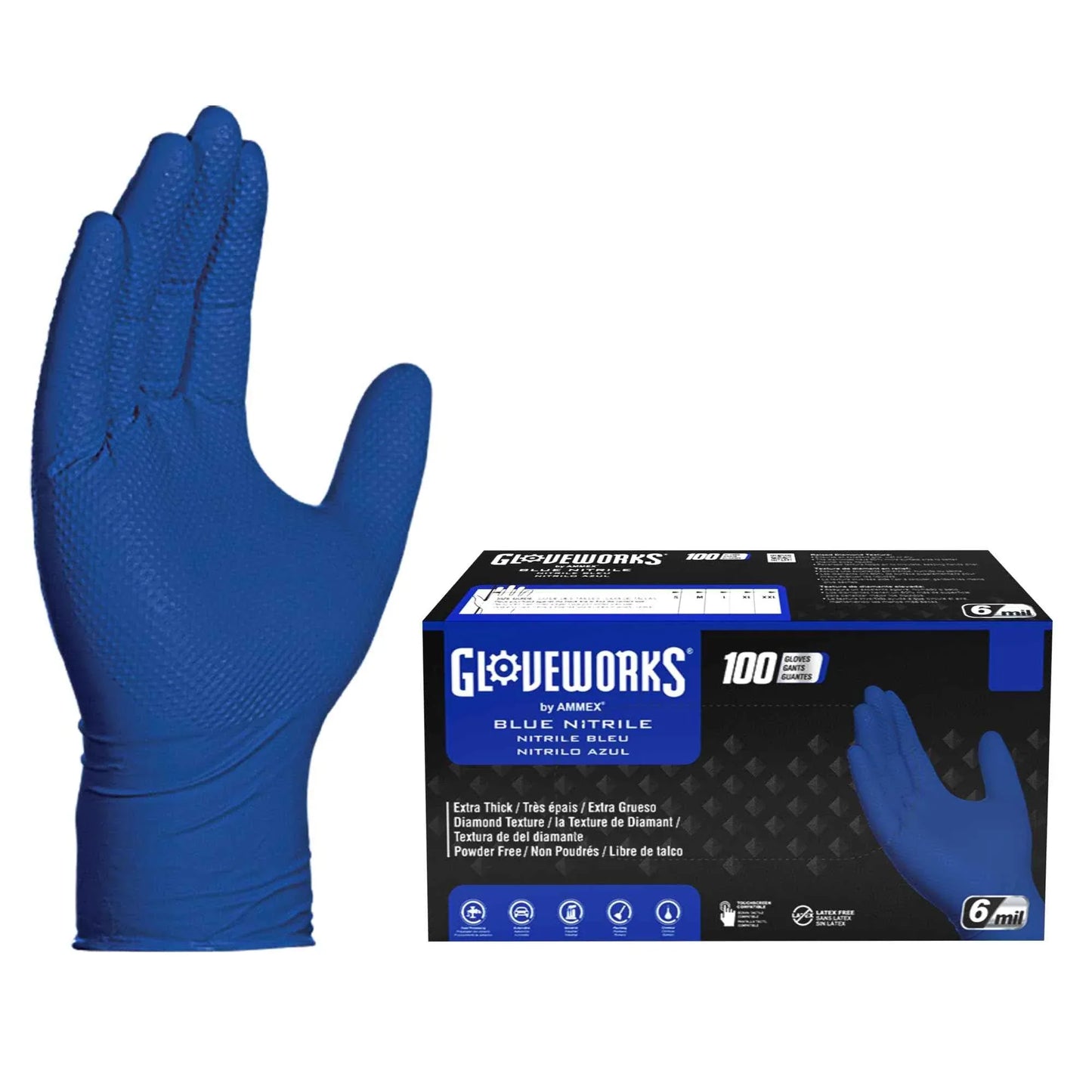 GLOVEWORKS HD Royal Blue Nitrile Industrial Disposable Gloves, 6 Mil Latex-Free, Raised Diamond Texture, Medium, Box of 100 - Track Minded HPDE, LLC