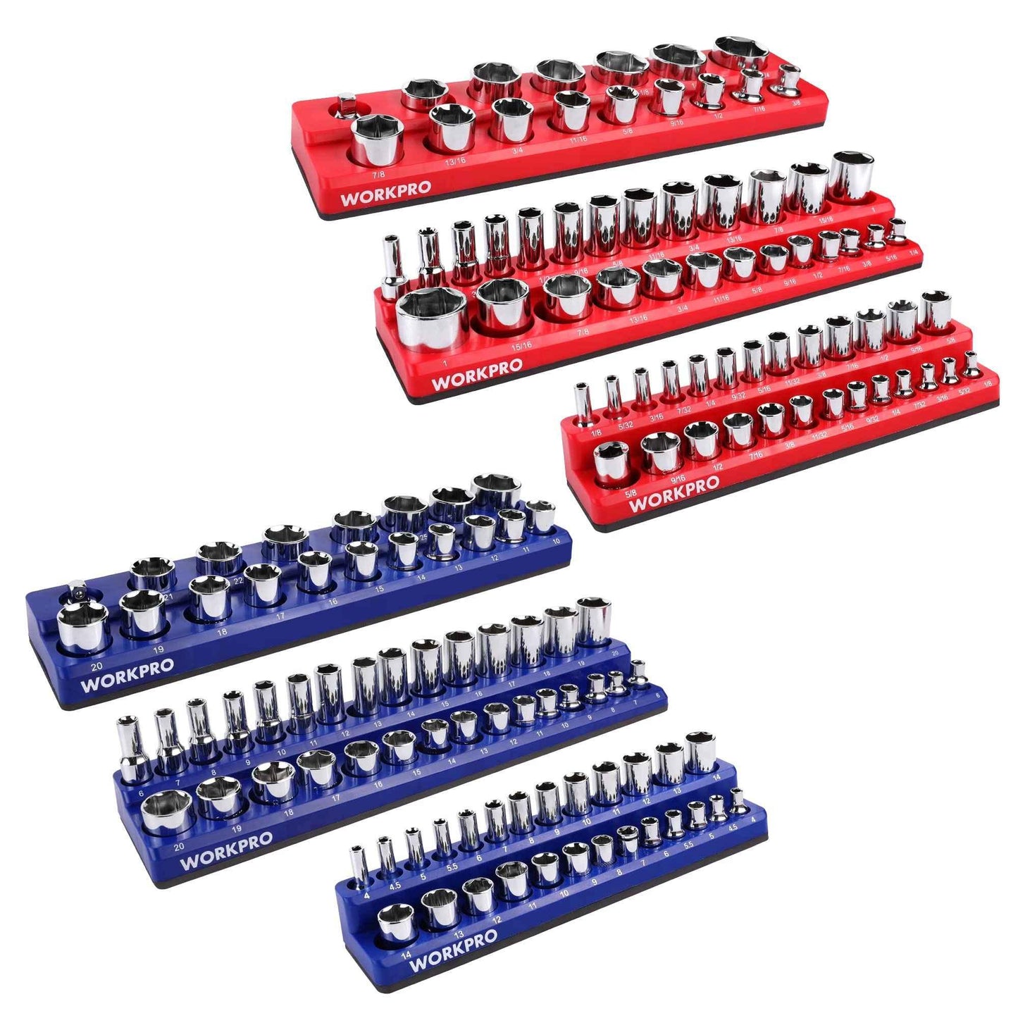 WORKPRO Magnetic Socket Organizer Set, 6-Piece Socket Holder Set Includes 1/4", 3/8", 1/2" Drive Metric SAE Socket Trays, Holds 143 Pieces Sockets, Christmas Gift for Men(Socket not Included) - Track Minded HPDE, LLC