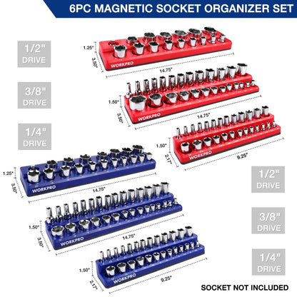 WORKPRO Magnetic Socket Organizer Set, 6-Piece Socket Holder Set Includes 1/4", 3/8", 1/2" Drive Metric SAE Socket Trays, Holds 143 Pieces Sockets, Christmas Gift for Men(Socket not Included) - Track Minded HPDE, LLC