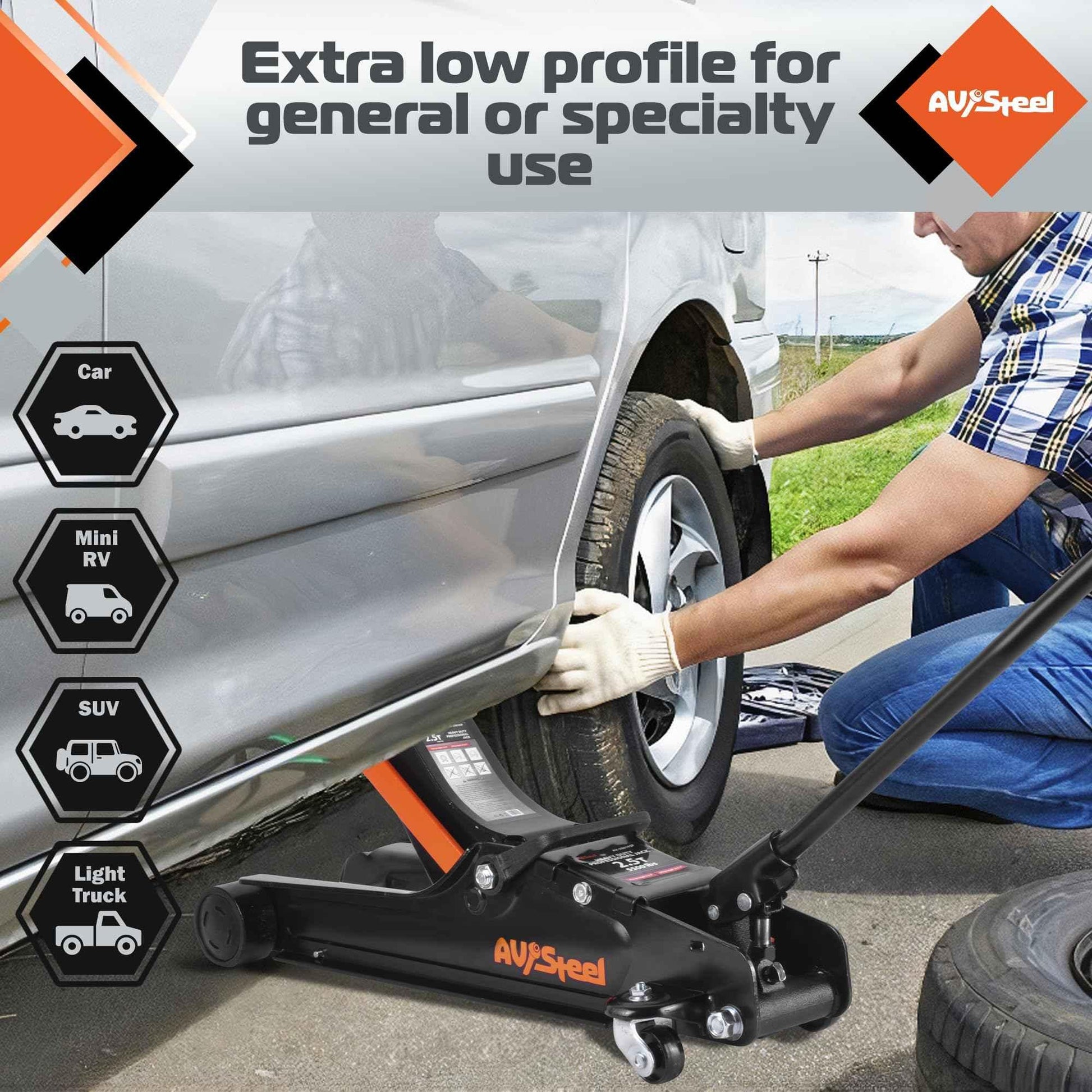 AV Steel Floor Jack 2.5 Ton (5500 lbs), Low Profile Floor Jack with Single Piston Pump, Heavy Duty Steel Hydraulic Jack for Car, Jack for Car with Lifting Range 3.4'' to 14.6'' - Track Minded HPDE, LLC